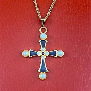 Vintage Good Fortune Cross & necklace. Genuine pearls & sapphire. New in Box.